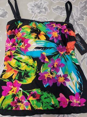 Maxine Black Floral Print Tankini w Removeable Straps Size 8 NWT